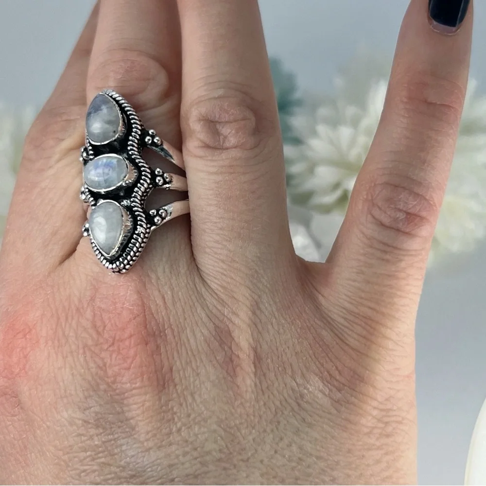 Chunky Triple Rainbow Moonstone Ring Size 10 Sterling Silver 925 Handmade New - Picture 2 of 6